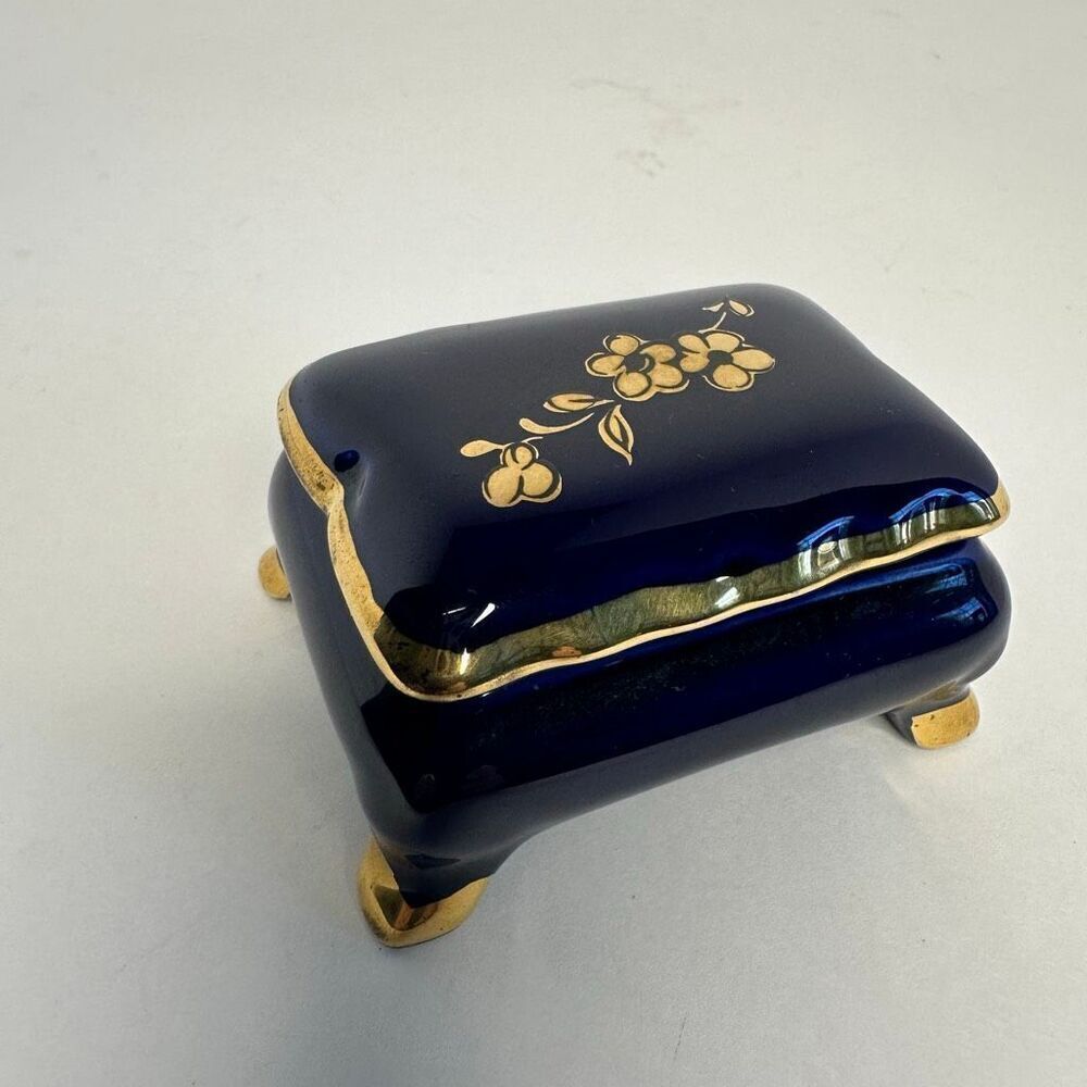 Vintage Cobalt Trinket Box Blue & Gold 3” x 2.25”